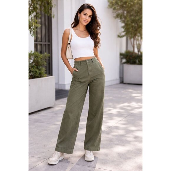 Zara Pants - Zara Womens High Waisted Olive Green Wide-Leg Pants Size 29
